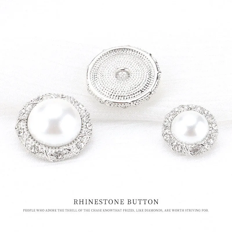 15mm Round Edged Rhinestone Silver Pearl Metal Shank Button 6pcs