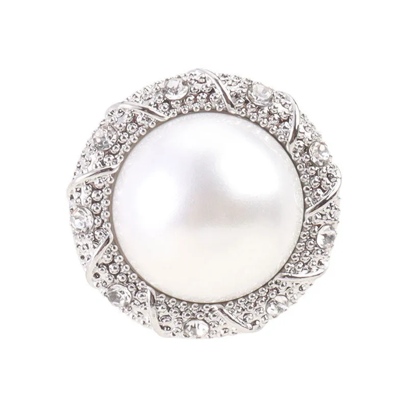 15mm Round Edged Rhinestone Silver Pearl Metal Shank Button 6pcs