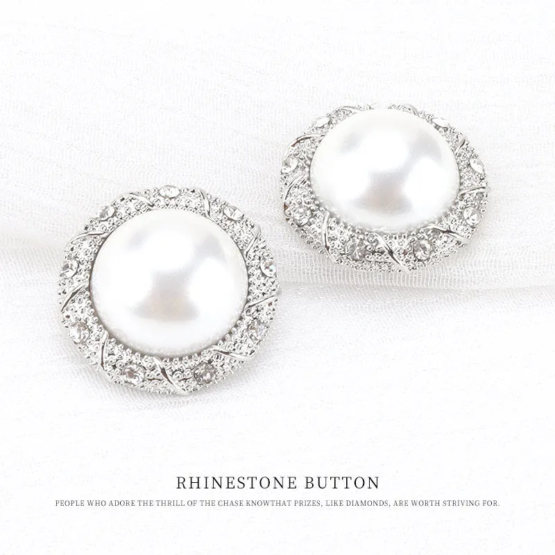15mm Round Edged Rhinestone Silver Pearl Metal Shank Button 6pcs