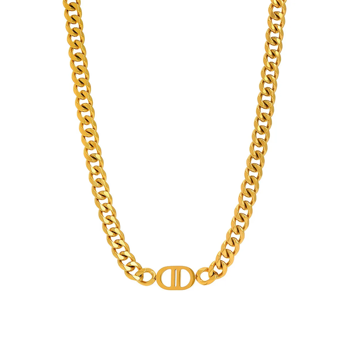 18K Gold-Plated Cuban Chain Oval Pendant Necklace