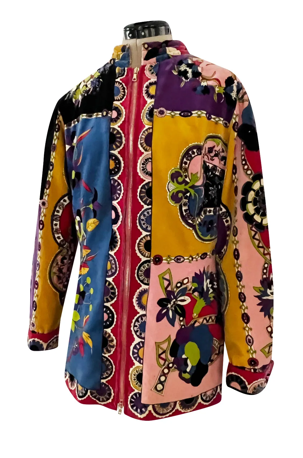 1970s Emilio Pucci Longer Cut Velvet Bright Floral and Medallian Print Jacket