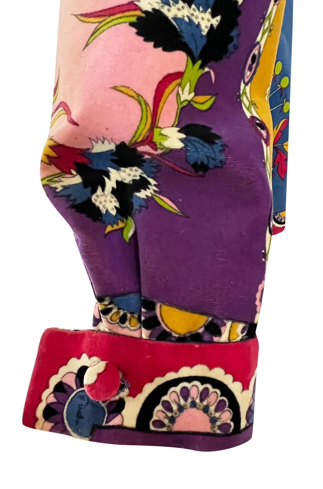 1970s Emilio Pucci Longer Cut Velvet Bright Floral and Medallian Print Jacket