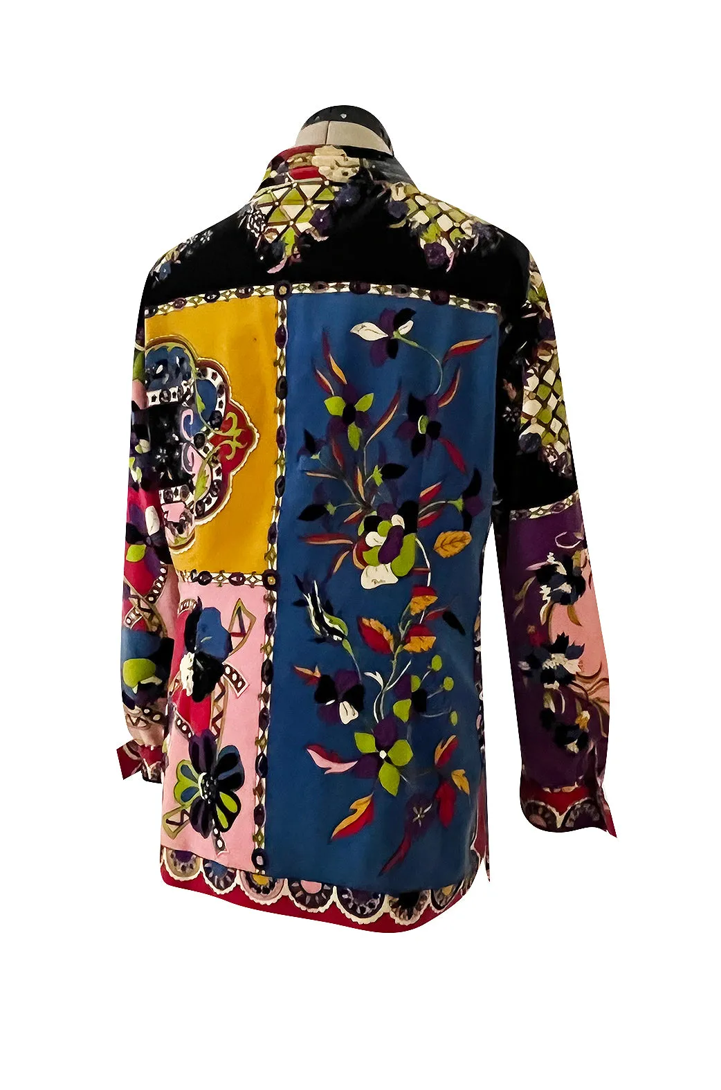 1970s Emilio Pucci Longer Cut Velvet Bright Floral and Medallian Print Jacket