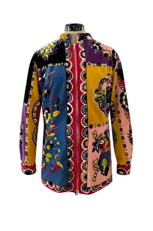 1970s Emilio Pucci Longer Cut Velvet Bright Floral and Medallian Print Jacket