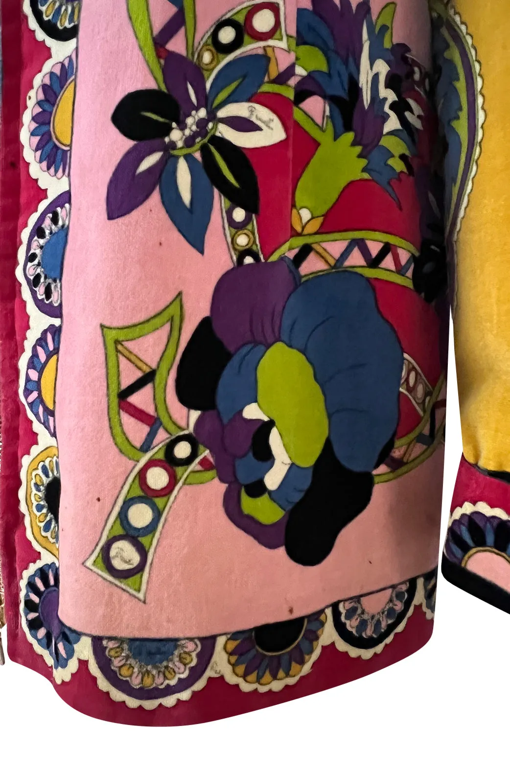 1970s Emilio Pucci Longer Cut Velvet Bright Floral and Medallian Print Jacket