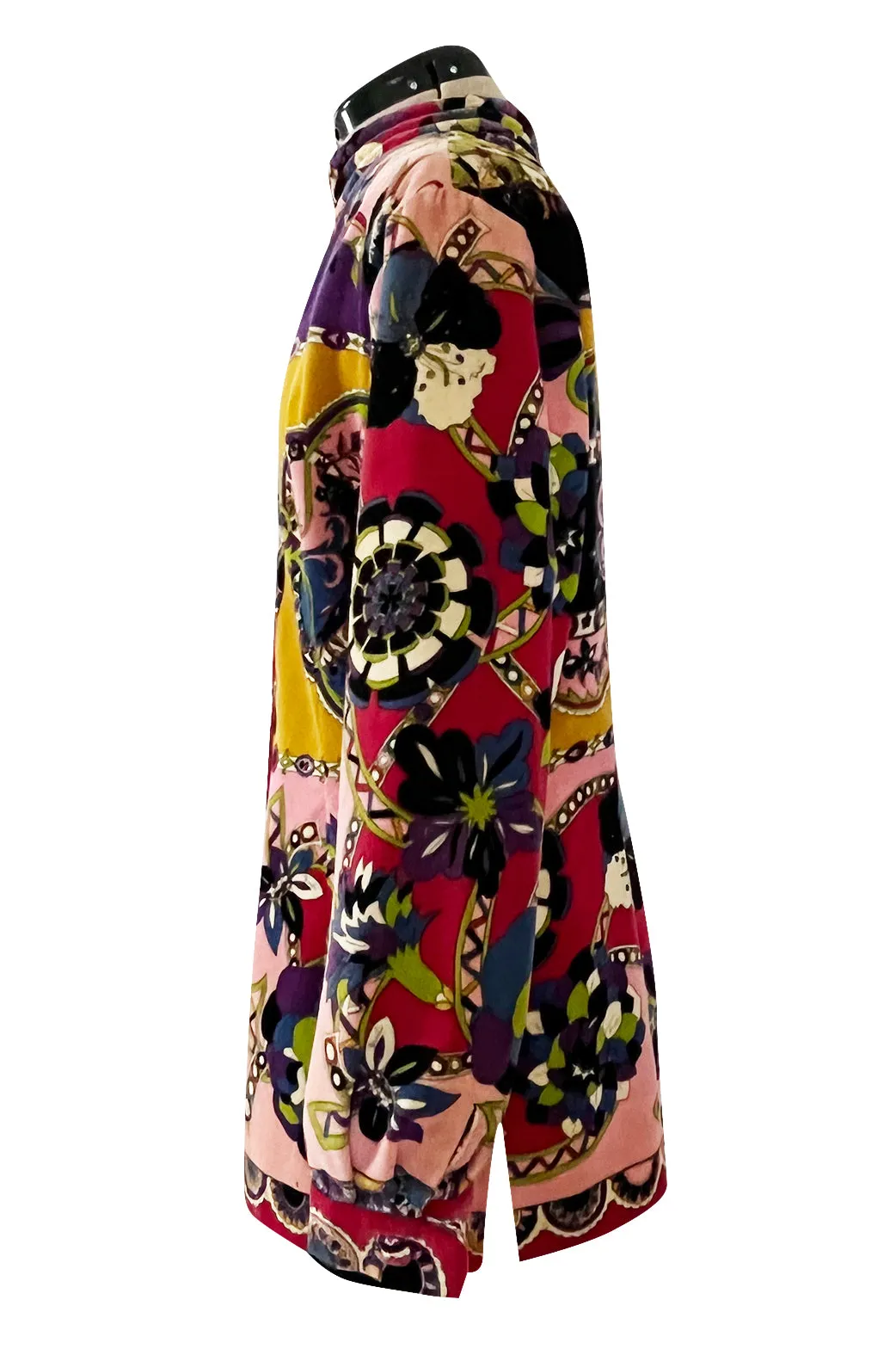 1970s Emilio Pucci Longer Cut Velvet Bright Floral and Medallian Print Jacket