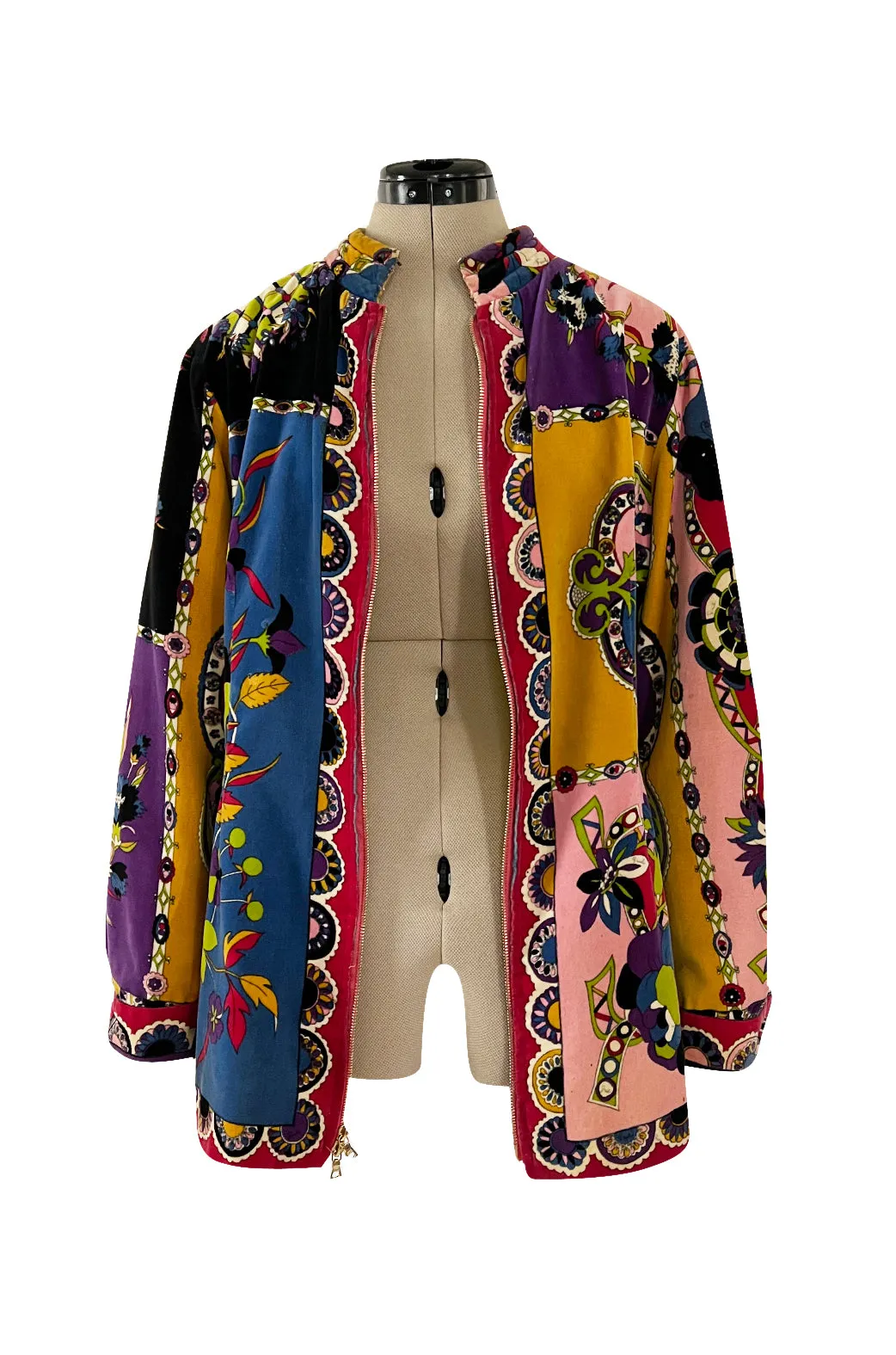 1970s Emilio Pucci Longer Cut Velvet Bright Floral and Medallian Print Jacket