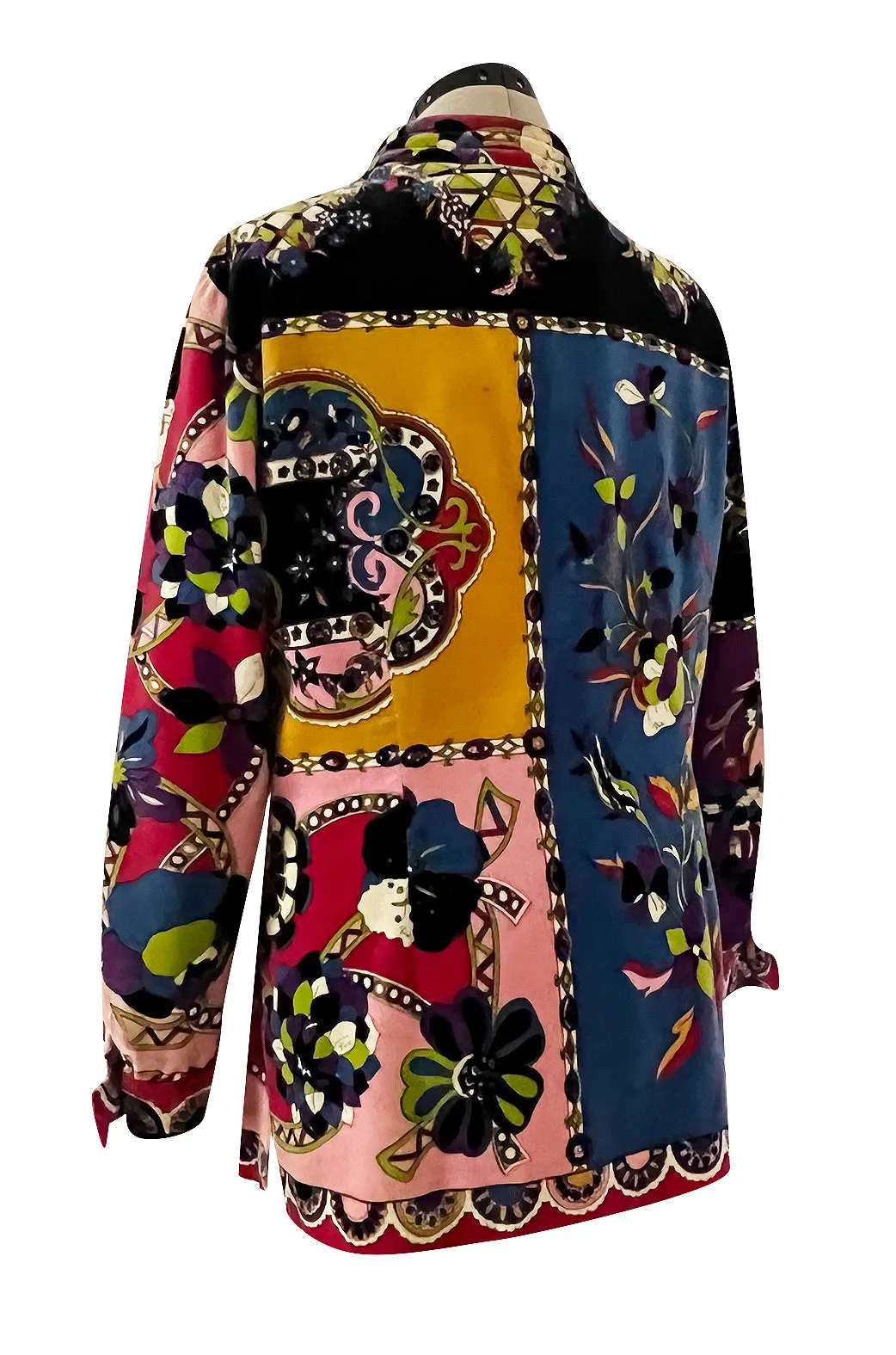 1970s Emilio Pucci Longer Cut Velvet Bright Floral and Medallian Print Jacket