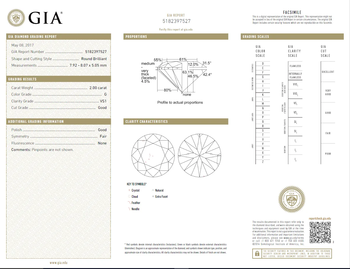 2.00 Carat Loose G / VS1 Round Brilliant Cut Diamond GIA Certified