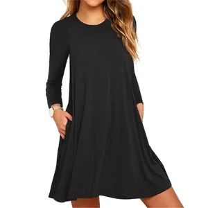 2020 New Autumn Cotton Dress Women Long Sleeve O-Neck Black A-line Dress Casual Pocket Loose Mini Dress Female Clothing Vestidos