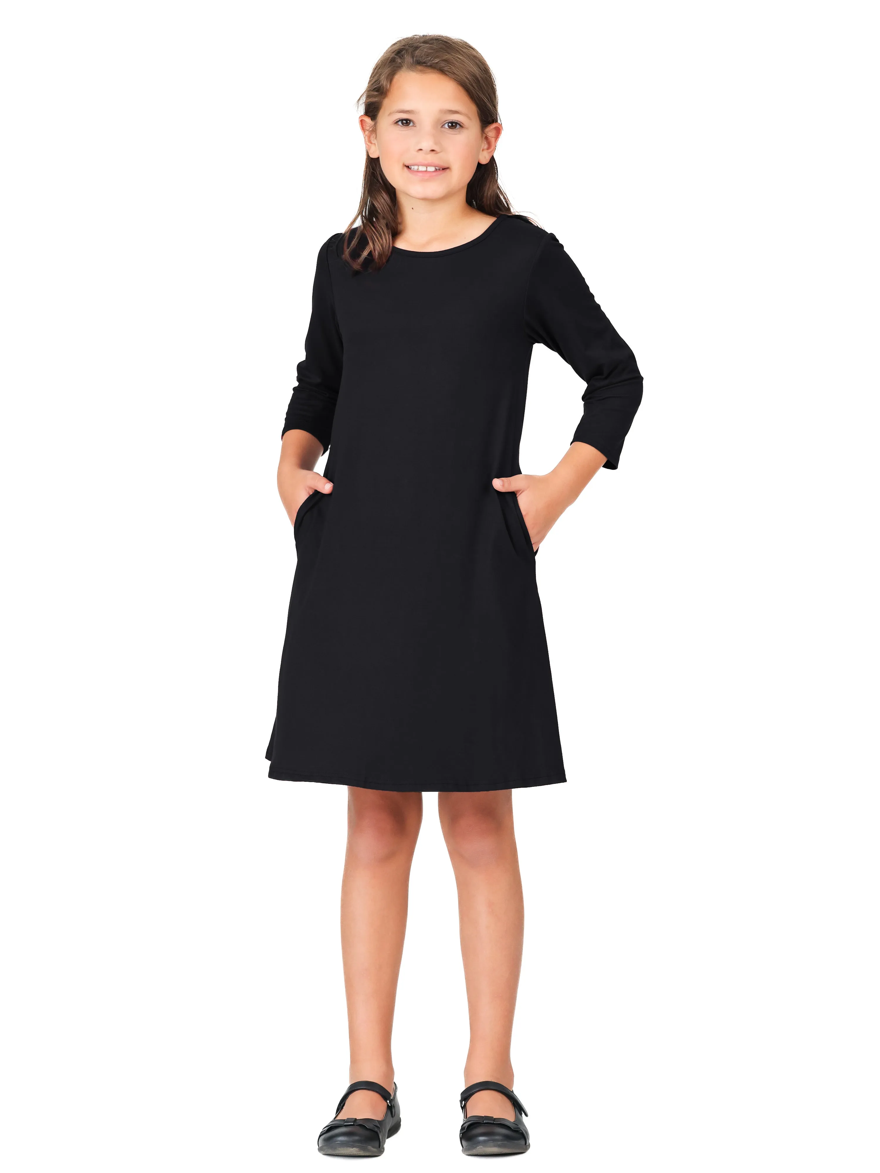 24seven Comfort Apparel Girls Long Sleeve Loose Fit Knee Length Tunic Pocket Dress