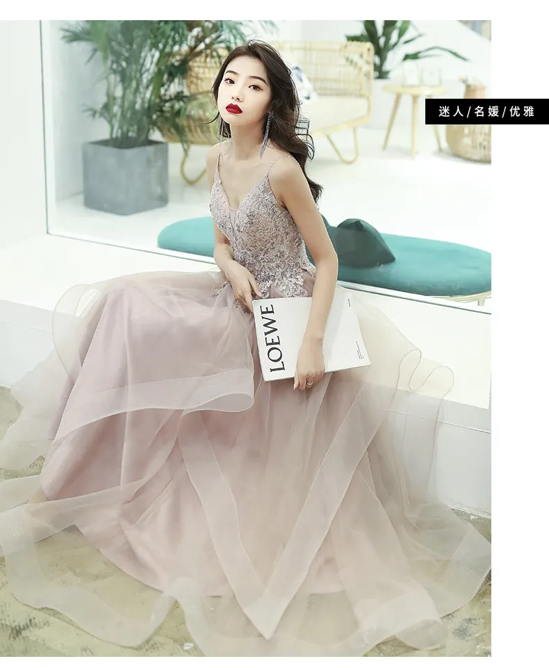 A Line Champagne Tulle Lace Long Prom Dress, Champagne Formal Graduation Dress