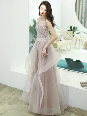 A Line Champagne Tulle Lace Long Prom Dress, Champagne Formal Graduation Dress