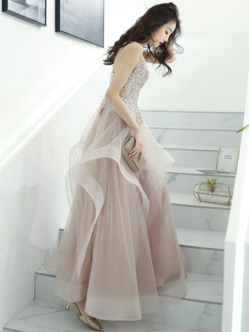 A Line Champagne Tulle Lace Long Prom Dress, Champagne Formal Graduation Dress