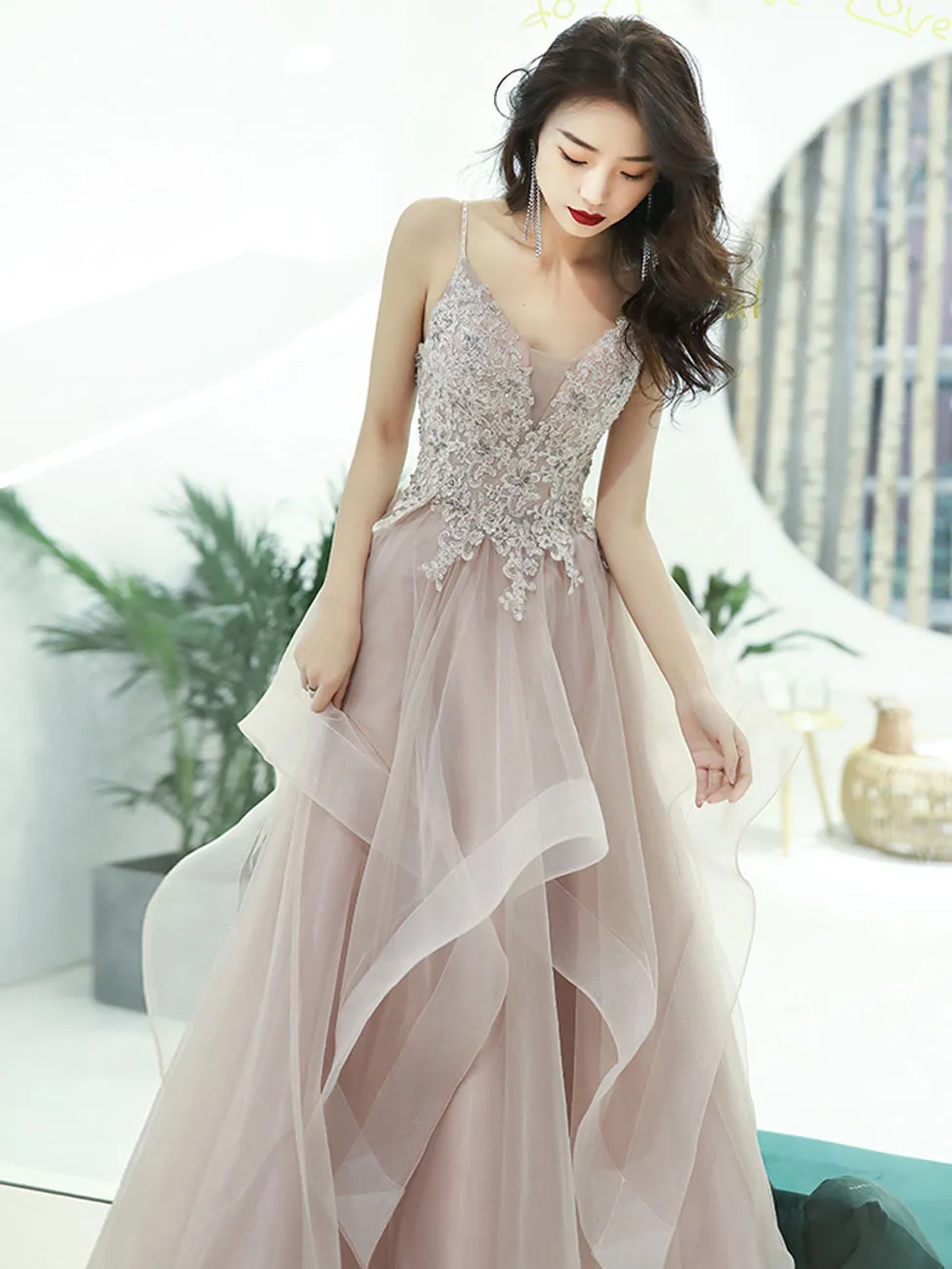 A Line Champagne Tulle Lace Long Prom Dress, Champagne Formal Graduation Dress