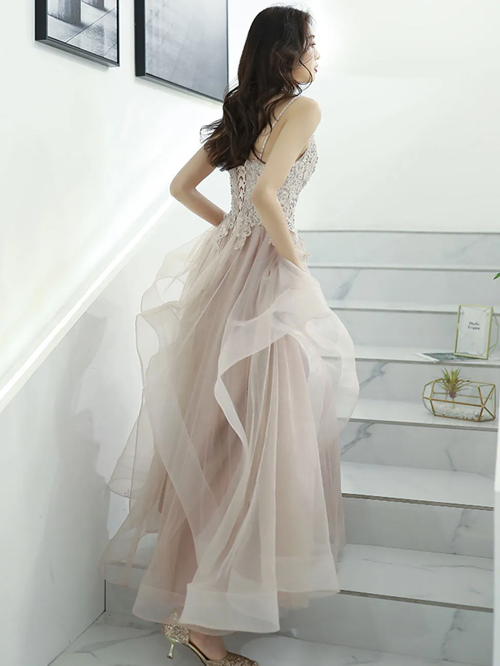 A Line Champagne Tulle Lace Long Prom Dress, Champagne Formal Graduation Dress