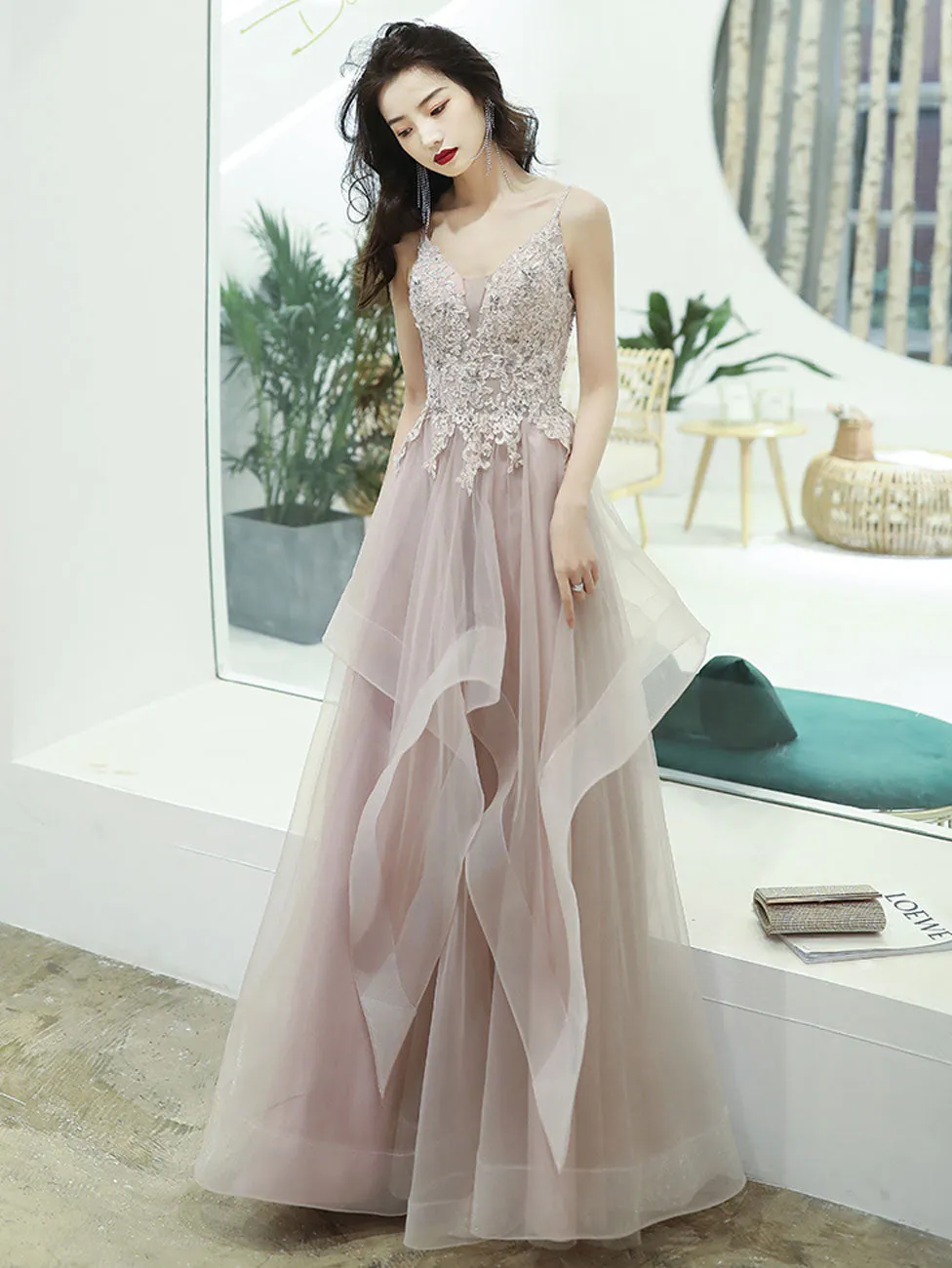 A Line Champagne Tulle Lace Long Prom Dress, Champagne Formal Graduation Dress