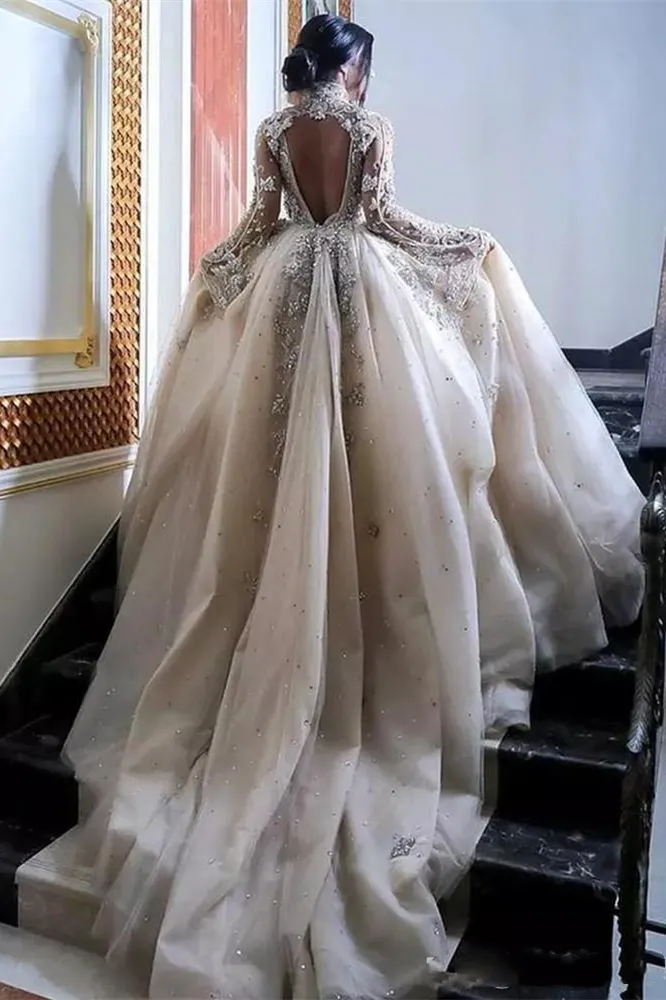 A-line High Collar Long Sleeves Long Train Backless Beaded Wedding Dress