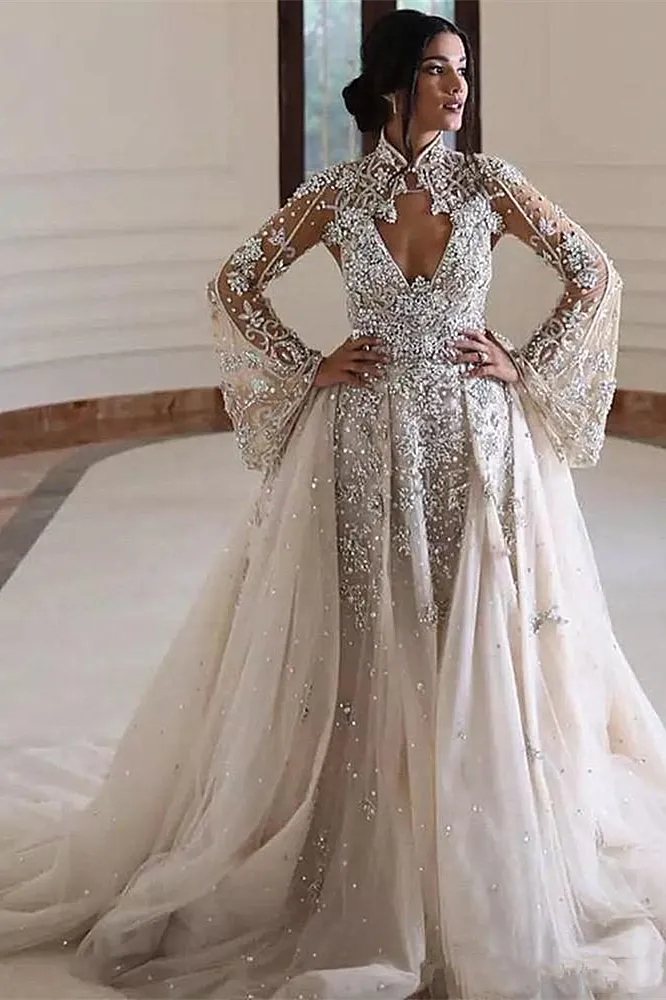 A-line High Collar Long Sleeves Long Train Backless Beaded Wedding Dress