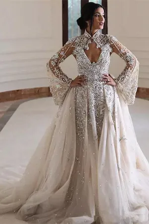 A-line High Collar Long Sleeves Long Train Backless Beaded Wedding Dress