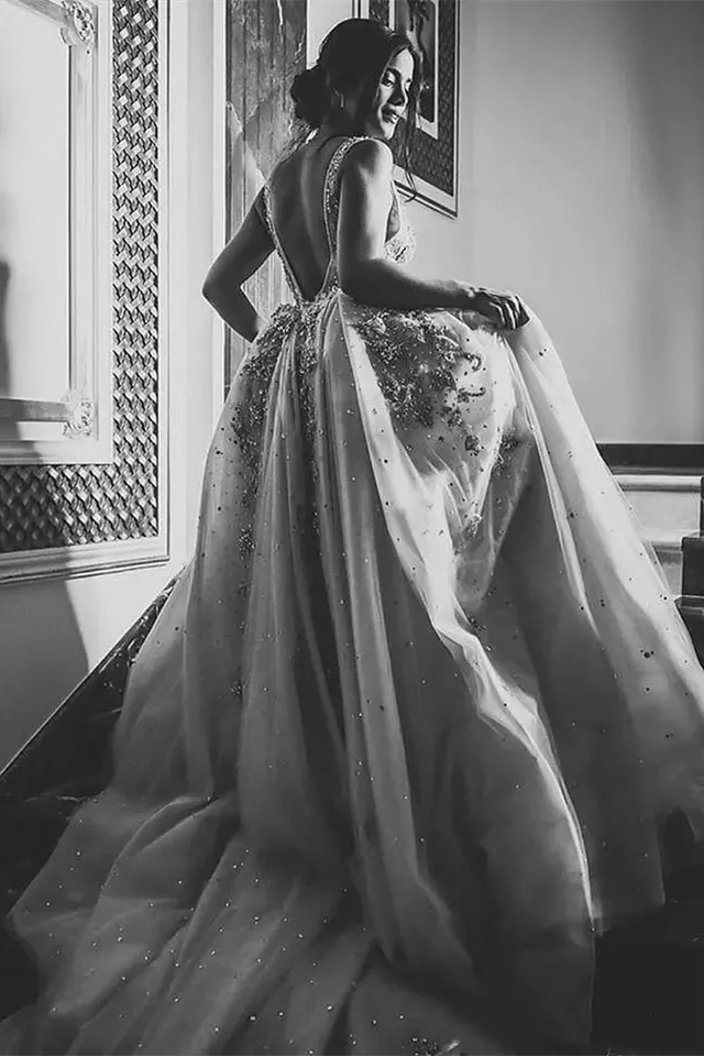 A-line High Collar Long Sleeves Long Train Backless Beaded Wedding Dress