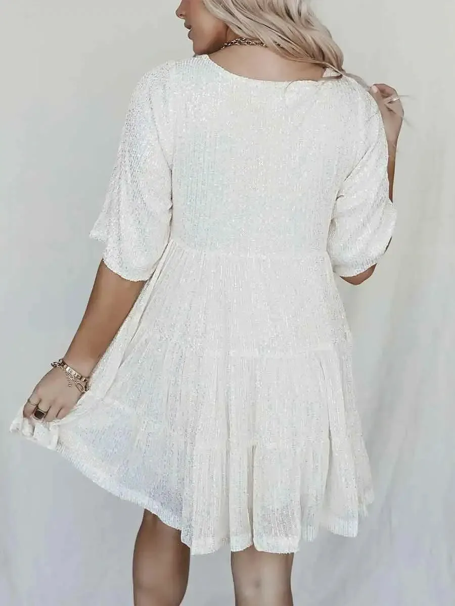 A-Line High-Waisted Loose Layered Short White Sequin Dress