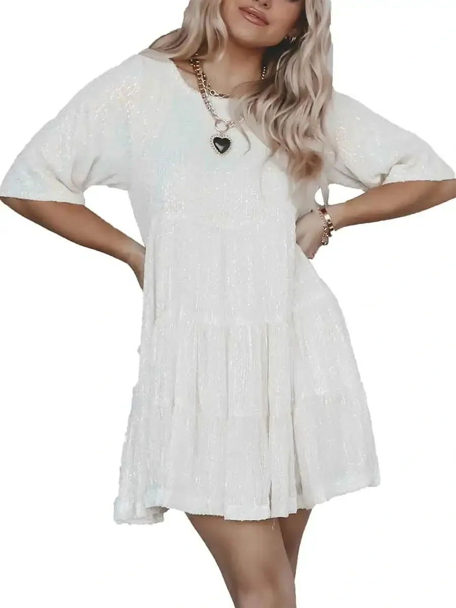 A-Line High-Waisted Loose Layered Short White Sequin Dress