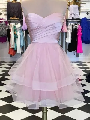 A line pink tulle sweetheart mini prom dress, short homecoming dress