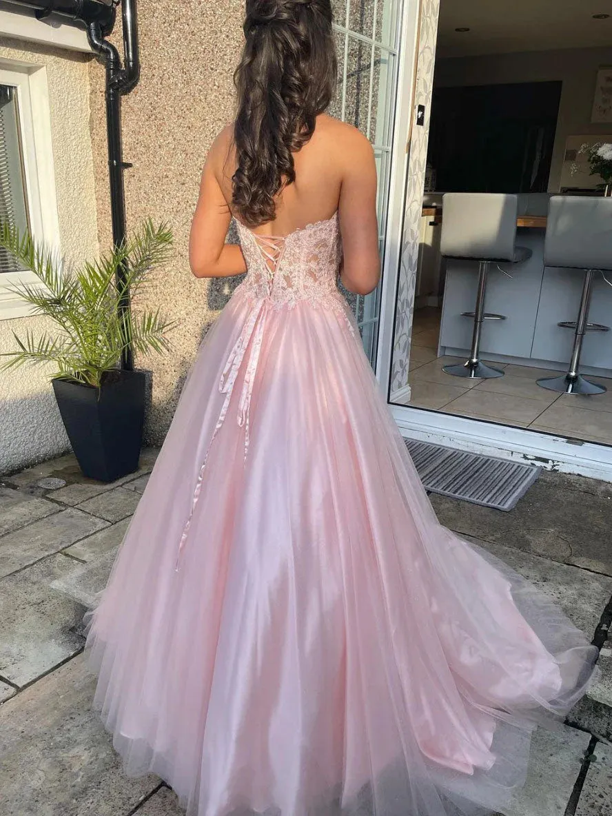 A Line Sweetheart Neck Tulle Lace Long Prom Dress, Pink Formal Evening Dress
