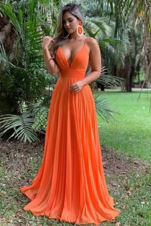 A Line V Neck Backless Orange Chiffon Long Prom Dress, V Neck Backless Orange Formal Graduation Evening Dress, Orange Bridesmaid Dress
