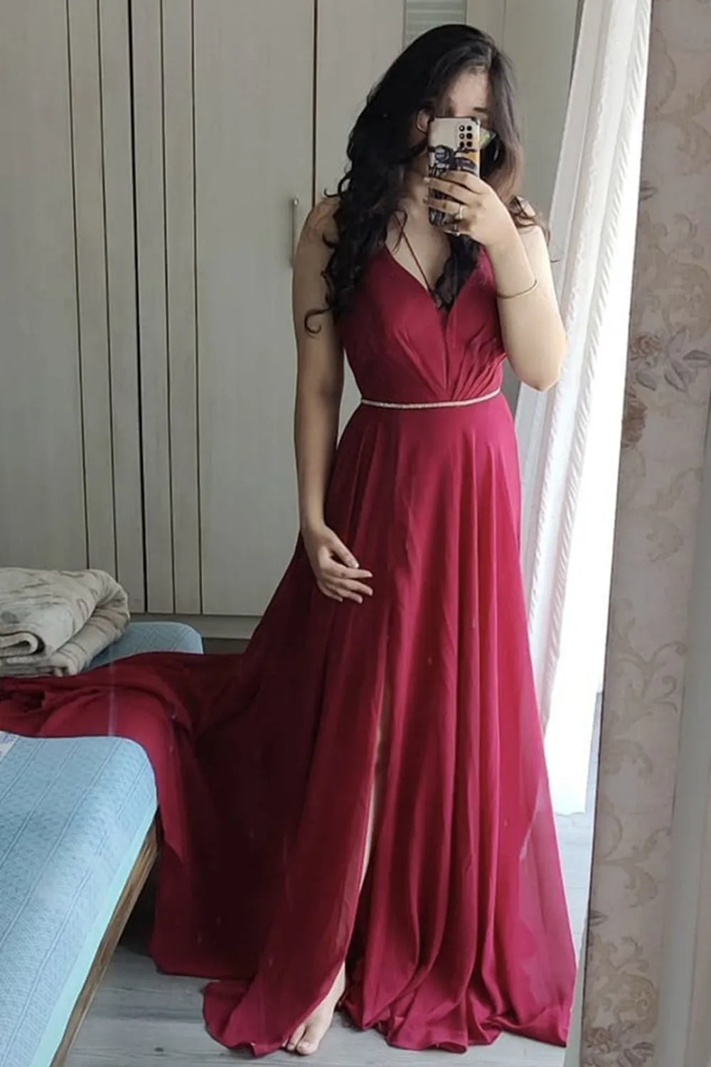 A Line V Neck Burgundy Chiffon Long Prom Dress, V Neck Burgundy Formal Dress, Burgundy Evening Dress