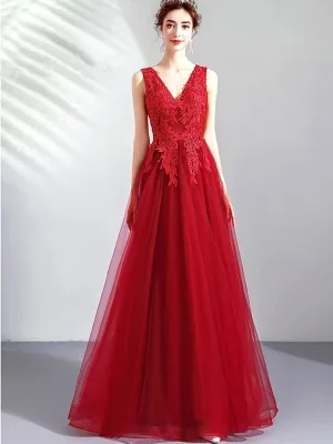 A Line V Neck Lace Burgundy Tulle Long Prom Dresses, V Neck Burgundy Formal Dresses, Lace Burgundy Evening Dresses