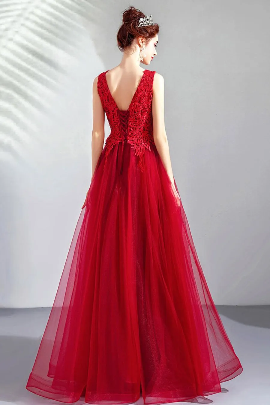 A Line V Neck Lace Burgundy Tulle Long Prom Dresses, V Neck Burgundy Formal Dresses, Lace Burgundy Evening Dresses