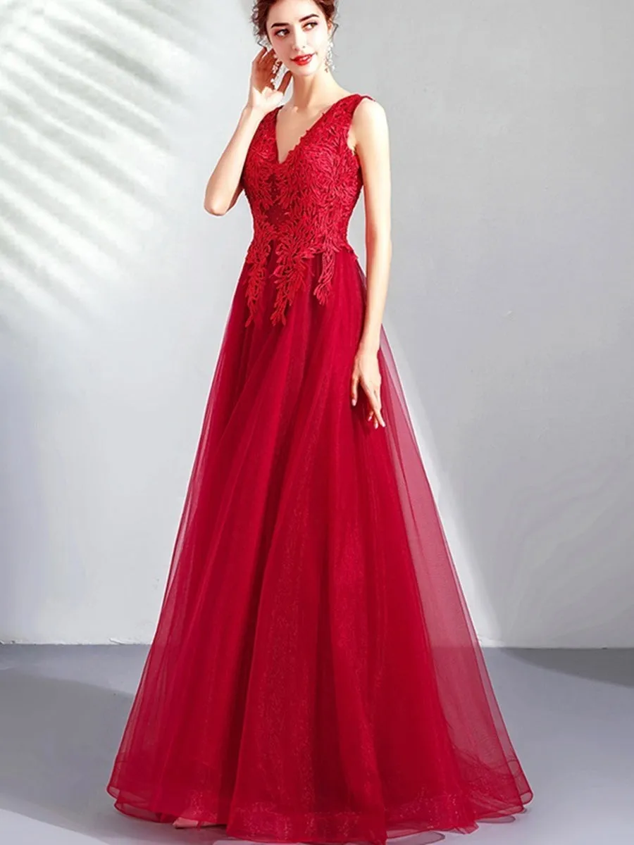 A Line V Neck Lace Burgundy Tulle Long Prom Dresses, V Neck Burgundy Formal Dresses, Lace Burgundy Evening Dresses