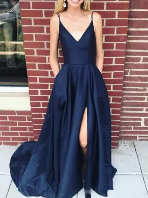 A Line V Neck Long Navy Blue Spaghetti Straps Prom Dresses, Navy Blue Side Slit Formal Graduation Dresses,  Blue Spaghetti Straps Evening Dresses With Pockets