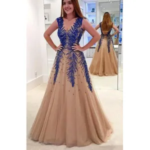 A Line V Neck Modest Elegant Hot Champagne Tulle Long Appliques Beading Prom Dresses ,PD1208