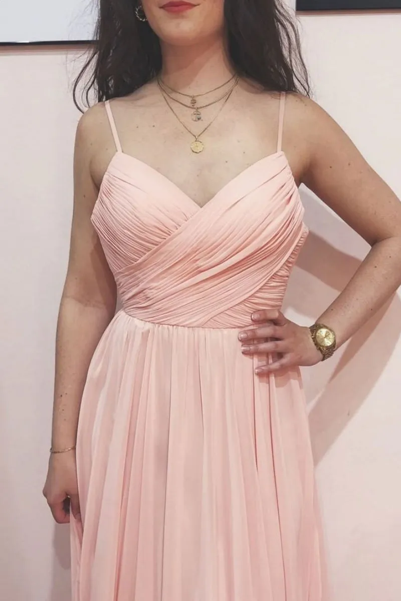 A Line V Neck Pink Chiffon Long Prom Dress, V Necn Pink Formal Graduation Evening Dress, Pink Bridesmaid Dress