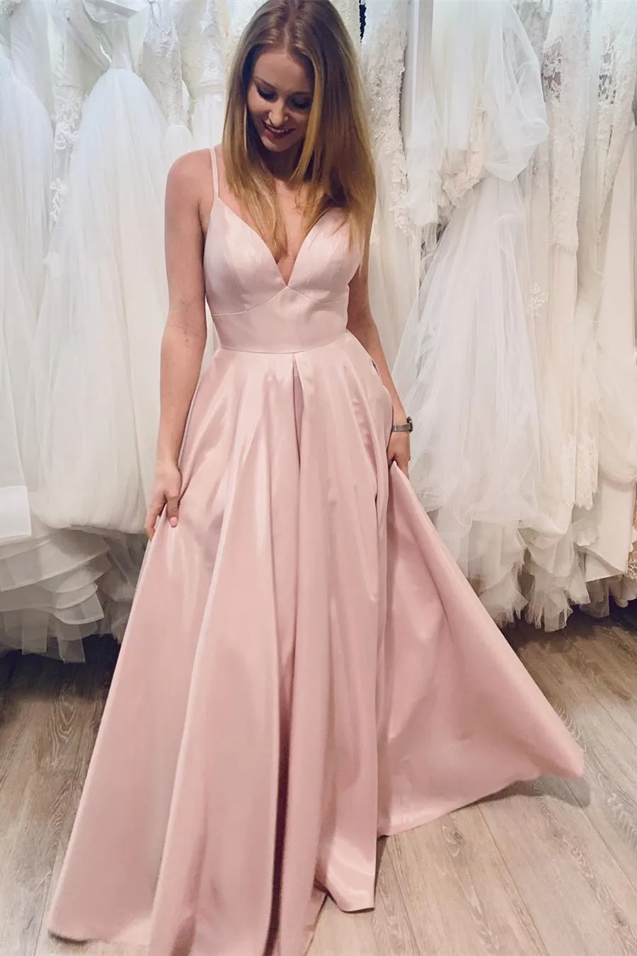 A Line V Neck Pink Satin Long Prom Dress, V Neck Pink Formal Dress, Pink Evening Dress