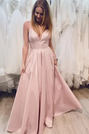 A Line V Neck Pink Satin Long Prom Dress, V Neck Pink Formal Dress, Pink Evening Dress