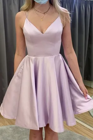 A Line V Neck Pink Satin Short Prom Dress with Pocket, V Neck Pink Homecoming Dress, Pink Formal Evening Dress