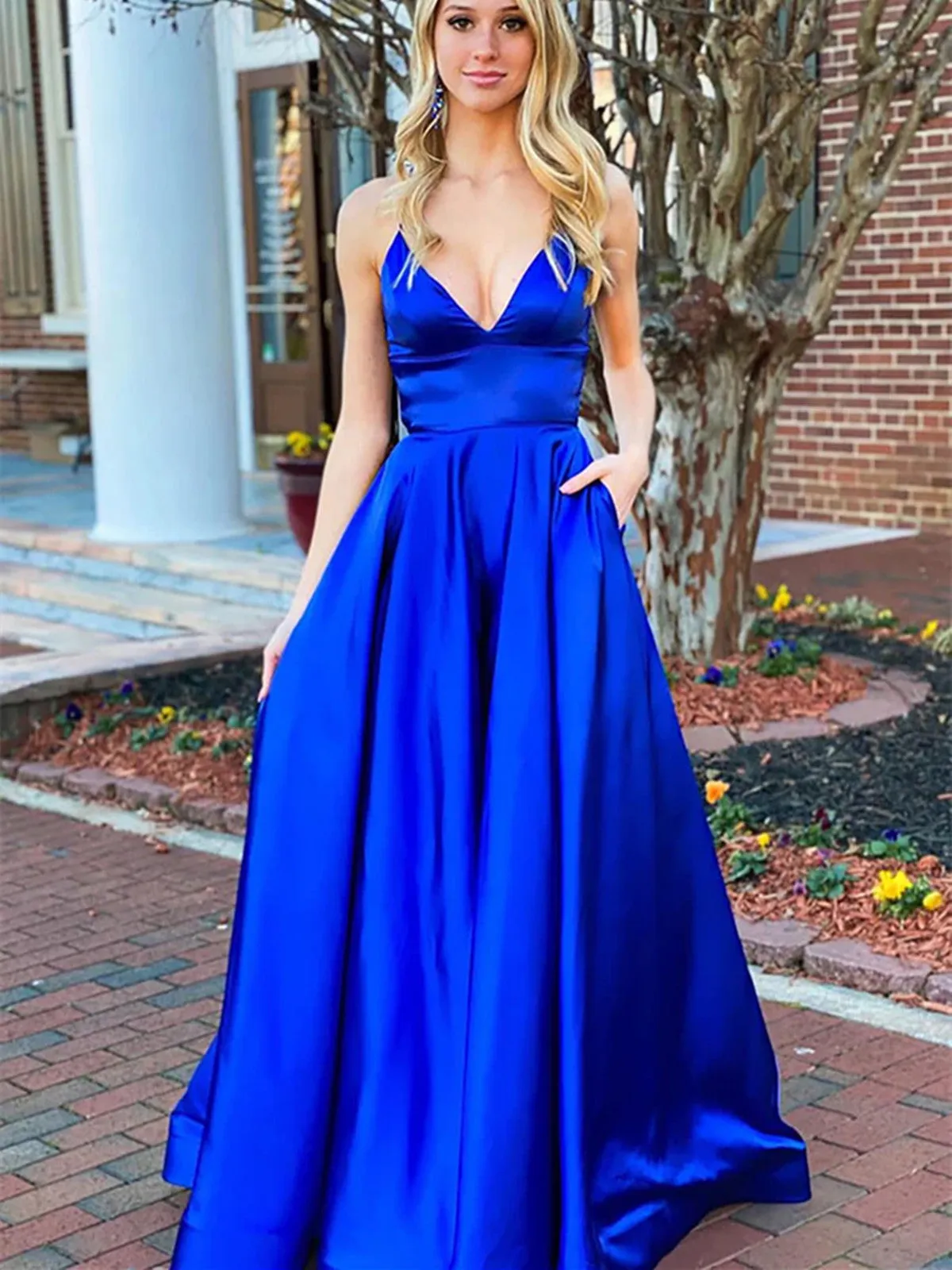 A Line V Neck Royal Blue Backless Satin Long Prom Dresses With Pockets, Open Back Blue Fomal Evening Dresses