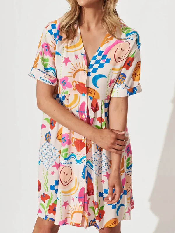 Abstract Print Button-Down Dress with V-Neck and Short Sleeves