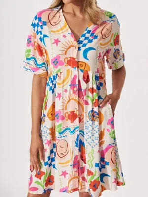 Abstract Print Button-Down Dress with V-Neck and Short Sleeves