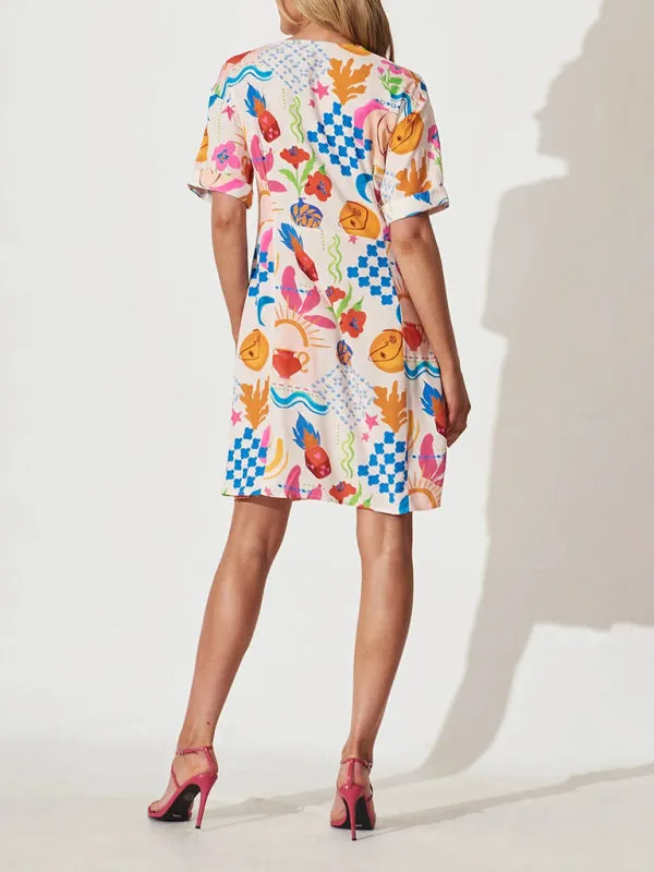 Abstract Print Button-Down Dress with V-Neck and Short Sleeves
