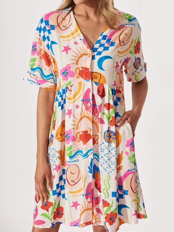 Abstract Print Button-Down Dress with V-Neck and Short Sleeves