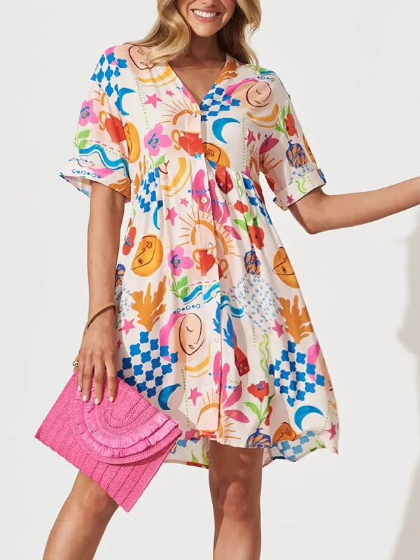 Abstract Print Button-Down Dress with V-Neck and Short Sleeves