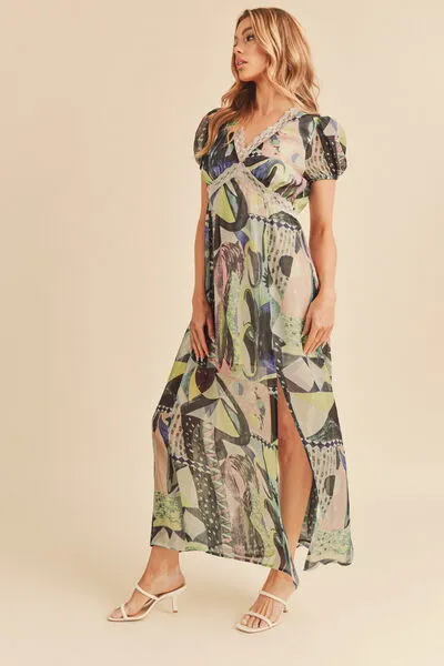 Aemi   Co Lace Detail Slit Geometric Print Short Sleeve Maxi Dress