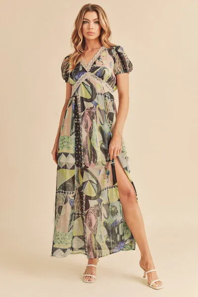 Aemi   Co Lace Detail Slit Geometric Print Short Sleeve Maxi Dress