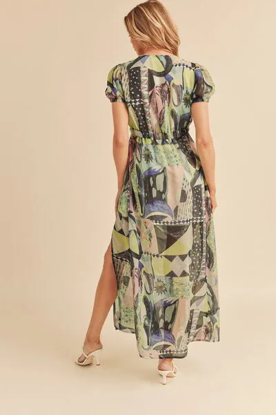Aemi   Co Lace Detail Slit Geometric Print Short Sleeve Maxi Dress