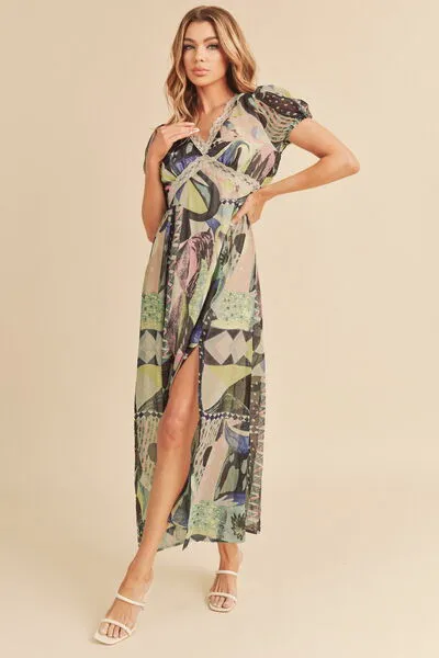 Aemi   Co Lace Detail Slit Geometric Print Short Sleeve Maxi Dress